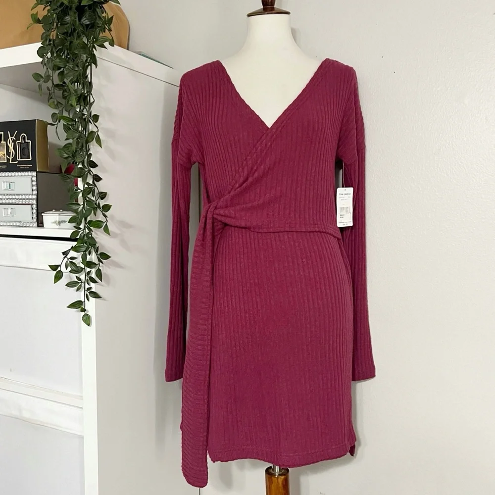 Free‎ People Burgundy Long Sleeve V Neck Tunic Top Wrap Tie